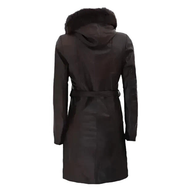 Women’s Dark Brown Fur Hooded Leather Coat