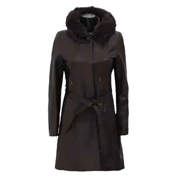 Women’s Dark Brown Fur Hooded Leather Coat