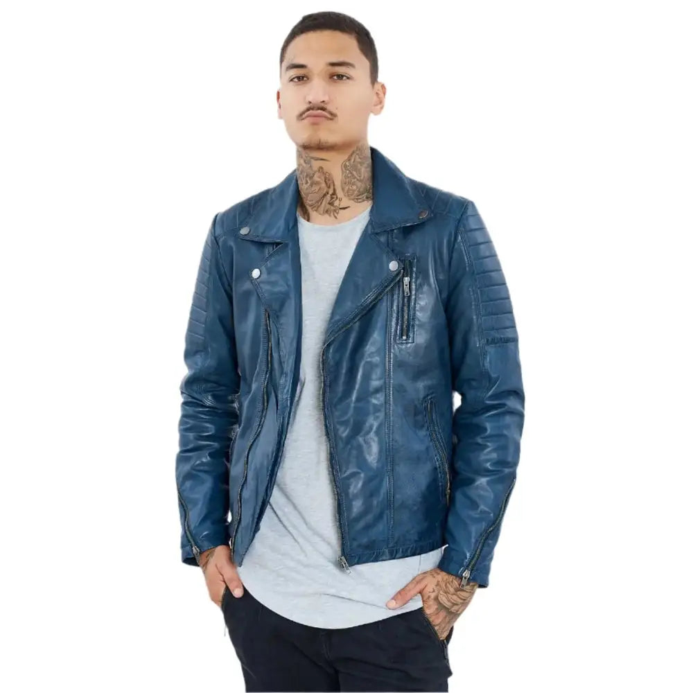 Men's Petrol Blue Genuine Sheepskin Leather Biker Jacket