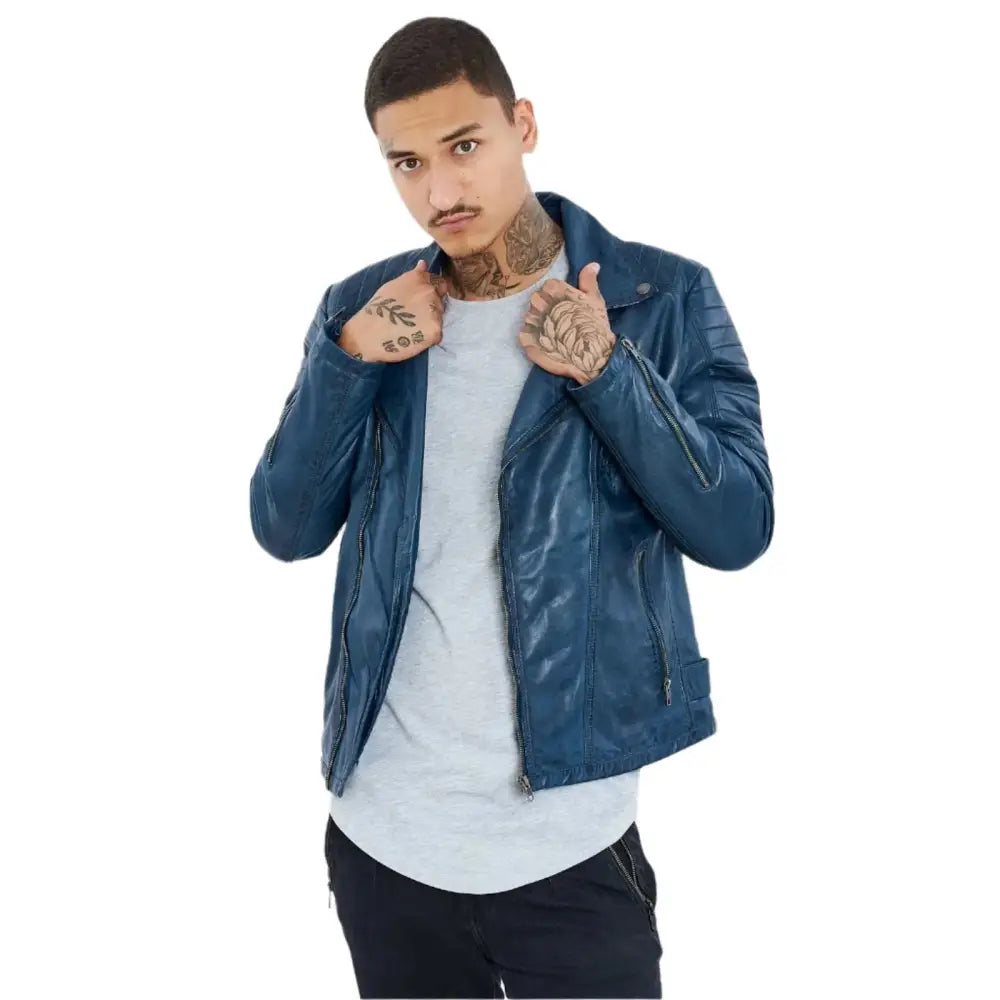 Men's Petrol Blue Genuine Sheepskin Leather Biker Jacket